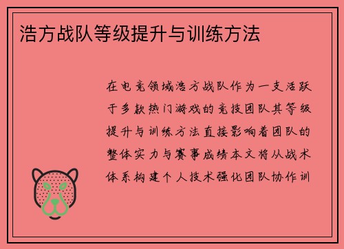 浩方战队等级提升与训练方法